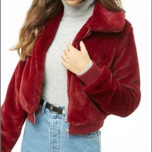 Burgundy faux fur bomber jacket
